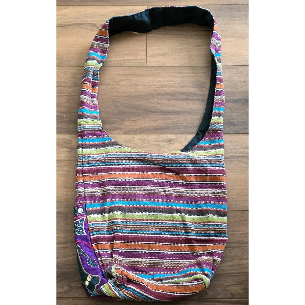 Boho Elephant Embroidered Cotton Hobo Bag Striped Crossbody Festival Purse India